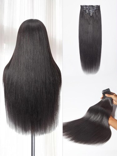 LUVME Hair Extensions Seamless Clip in Hair Extensions Human Hair Yaki Straight 135g 7pcs Natural Black Hair Extensions 20 Inch Real Human Hair Extensions