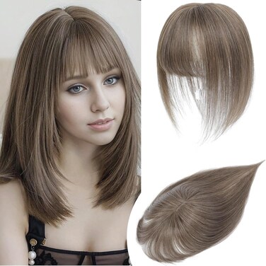 YAMI Hair Toppers for Women Real Human Hair Toppers for Women with Thinning Hair Topper with Bangs Hair Toppers for Women Hair Pieces for Women (Dark Ashy Brown)