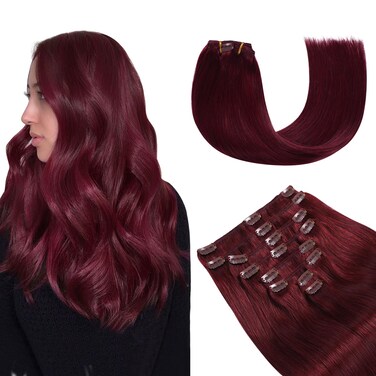 YILITE Clip in Hair Extensions Real Human Hair 8Pcs/Pack 120g Burgundy Straight Thick Invisible Remy Natural Hair Double Weft Clip Extensions for Women (20inches #99J Burgundy）