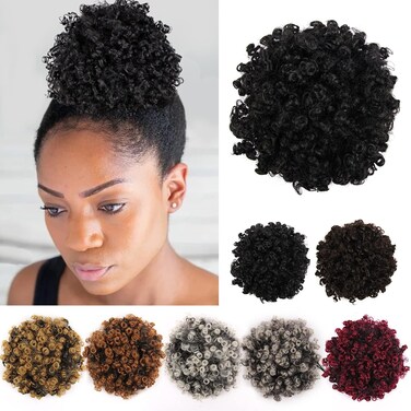 Curly Wavy Afro Puff Drawstring Ponytail Hair Extension for Black Women Loose Wave Short Mini Afro Puff Hairpieces for Girls Kids(Black)