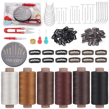 60 Pcs Extension Clips and Thread Kit, Hair Extension Clips, 6 Rolls Hair Thread for Weave,Wig Thread Kit, 65 PCS C/T/J/I Shape Needles for Hair