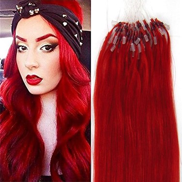 Micro Link Human Hair Extensions Micro Ring Loop Remy Hairpieces Cold Fusion Micro Beads Pre-Looped Straight Hair Bright Red 16inch 100strands per pack