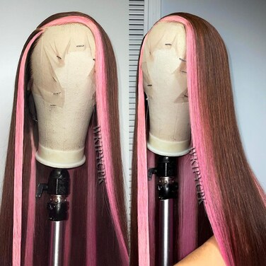 Pink Skunk Stripe Lace Front Wig Brown Hair Pink Highlights Streaks Lace Front Wigs Long Straight Hair Colored Synthetic Lace Front Wigs For Black Women Pre Plucked Hair