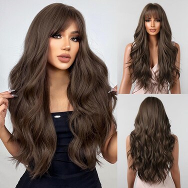 Long Brown Wig with Bangs Wavy Wigs for Women, 26 Inch Synthetic Hair Wig for Daily Party Use