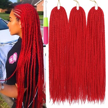 Box Braids Crochet Hair 24 Inch Prelooped Crochet Hair Extensions Hand Made 3 Packs Twist Crothet Braids Hair for Girls and Women Braiding Hair Extensions 22 Strands/Pack (24 Inch (Pack of 3), Red)