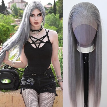 zigzag hair Grey Wig Long Straight Grandma Grey Synthetic Lace Front Wigs Pre Plucked with Natural Hariline for Fashion Women Heat Resistant Hair Gray Glueless Synthetic Lace Wig (Grey)