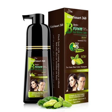 No-Stain Hair Dye Shampoo for Men &amp; Women, No-Stain on Skin &amp; Scalp, Natural Ingredients, Ammonia &amp; Parabens-Free, Up to 100% Gray Coverage, Easy No-Mix Application, 200 mL, Pack of 1 (Dark Brown)