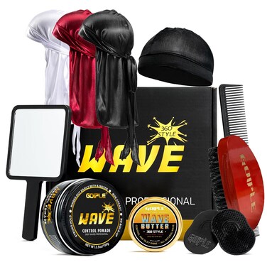 Wave Pomade for Men - Strong Hold, Easy Wash, Promotes Layered Waves, Moisture, Silky Shine, Hair Cream, Grease, Brush, Durag, Cap Set (Red)