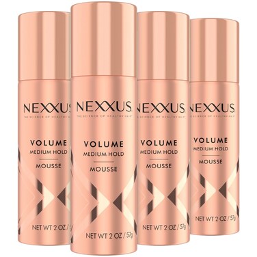 Nexxus Travel Mousse, Volume Medium Hold 4-Pack &ndash; 72-Hour Anti-Humidity Shield, 48-Hour Frizz Control, Rose Fragrance, 2 Oz Ea