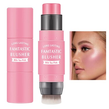 Cream Blush Stick with Brush,Waterproof Multi Cream Blush Stick Makeup,Lightweight,Long-lasting,2 in 1 Multi Stick Blush for Cheeks &amp; Lip Tint &amp; Eyeshadow Makeup(#01 Milk Tea Pink)