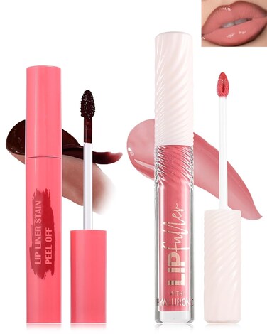 Brown Peel Off Lip Liner Stain &amp; Pink Lip Oil Set, Waterproof Long Lasting Tattoo Peel &amp; Reveal Lip Stain Tint, Hydrating Non-Sticky Tinted Lip Gloss Oil, Plumping Glossy Lip Combo Makeup for Women-B