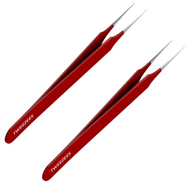Ingrown Hair Tweezers   Pointed Tip   Red   2 Pack   Precision Stainless Steel   Extra Sharp and Perfectly Aligned for Ingrown Hair Treatment &amp; Splinter Removal For Men and Women   By Tweezees