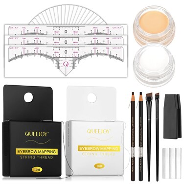 Brow Mapping Kit includes 10m X Black&amp;White Mapping String, 50pcs Eyebrow Ruler Stickers,White and Light Beige Brow Concealer &amp; 2 Brow Brushes, Eyebrow Pencil Razor Sharpener and Instruction