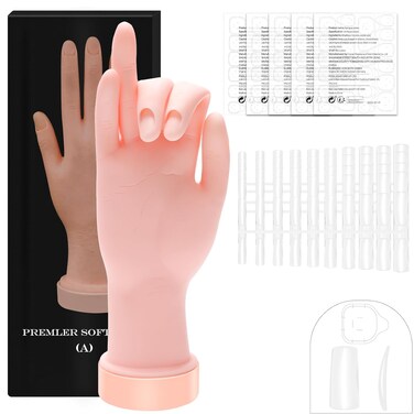 Practice Hand for Acrylic Nails, Nail Practice Hand with 100 Pcs Nail Tips 120 Pcs Double-side Jelly Glue Stickers Bendable Fake Hand Mannequin Hand for Nail Practice Manicure Beginners