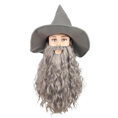 Fake Beard Wig   Qacf Long Curly Mens Wizard Mustache Wig Halloween Costume Cosplay Viking Fake Beard Wig (Grey)