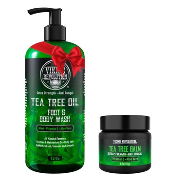 Viking Revolution Skin Cleaning Agent Tea Tree Kit for Men - Tea Tree Oil Set with Body Wash &amp; Balm - Hydrating, Helps Athlete's Foot, Jock Itch, Eczema &amp; Body Odors - Extra Strength, 2 Piece Set