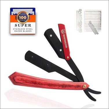 Professional Straight Razor for Men - Premium Steel Barber Edge Razor with 100 Blades for Close Shaving - Barber Accessories - Includes Leather Case - Black