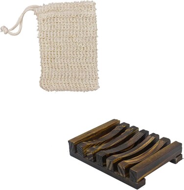 1 pari Soap Exfoliating Bag Natural, Soap Saver with Drawstring and Wooden Bead Holder,Exfoliating Loofah Pouch for Bathroom Shower