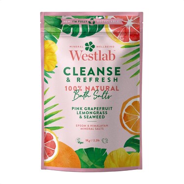 Westlab - 1kg - Cleanse Epsom &amp; Himalayan Salts Infused with Lemongrass &amp; Pink Grapefruit - Perfect for Muscle soaks - 1kg Resealable Pouch