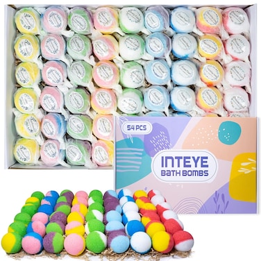 INTEYE Luxury Bath Bombs Gift Set - 54pc Skin-Nourishing Mineral Bath Salts with Natural Essential Oils &amp; 9 Aromas   Spa-Qualit Self-Care for Women, Men, Kids (Eco-Friendly Packaging)