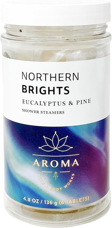 Aroma Collection by Bath BOD Works, Northern Brights: Eucalyptus &amp; Pine Shower Steamers, 1 Jar, 4.8 oz/136 g, 6 Tablets