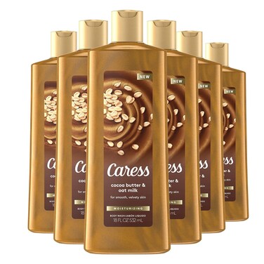 Caress Body Wash for Women, Cocoa Butter &amp; Oat Milk, Shower Gel Moisturizing Body Wash Leaves Skin Feeling Instantly Moisturized, 18.6 oz, 6 Pack
