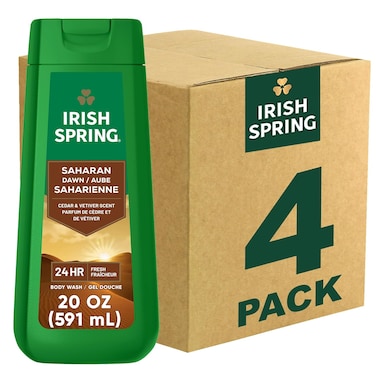 Irish Spring Saharan Dawn Moisturizing Body Wash for Men, 24 Hour Fresh, Face and Body Wash, Men&rsquo;s Body Wash, Paraben Free, Cedar and Vetiver Scent, 20 fl oz Bottle (Pack of 4)