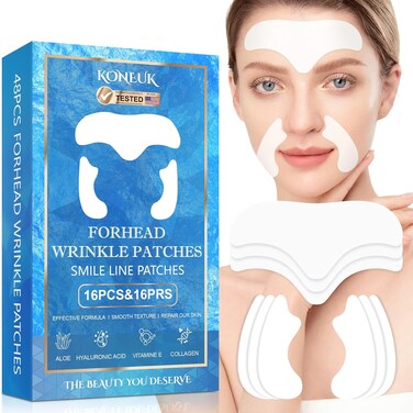 16Pcs Forehead Wrinkle Patches and 32Pcs Smile Line Patches, Anti Wrinkle Patches with Collagen and Vitamin E, Forehead Wrinkles Treatment and Forehead Lines Remover