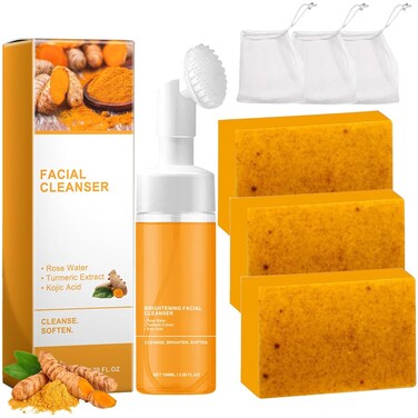 Turmeric Wash and Care Two Piece Set, Tuemeric Facial Cleanser &amp; Turmeric Soap Bar,Face &amp; Body Cleanser, Turmeric Face Wash and Natural Turmeric Handmade Soap, Deep Cleansing