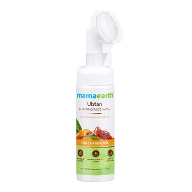 MAMAEARTH Ubtan Detan Foaming Face Wash with in-built Brush   Gentle Hydrating Facial Cleanser for Tan Removal   with Turmeric &amp; Saffron Extract   5.07 Fl Oz (150ml)