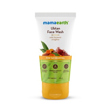 MAMAEARTH Ubtan De Tan Face Wash   Helps Reduce Tanning &amp; Sun Damage   Gently Cleanses Dirt &amp; Excess Oil   Enriched with Turmeric &amp; Saffron   1.69 Fl Oz (50ml)