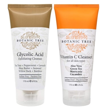Botanic Tree Double Face Wash Kit - Gentle Facial Cleanser Set of Glycolic Acid Exfoliator Facewash And Vitamin C Cleanser for Women, Men - Natural Exfoliating Scrub Set for Oily, Dry, Sensitive Skin