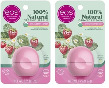 eos 100% Natural &amp; Organic Lip Balm- Strawberry Sorbet, All-Day Moisture, Dermatologist Recommended for Sensitive Skin, Lip Care Products, 0.25 oz (Pack of 2)