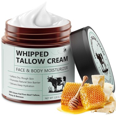 Beef Tallow for Skin, Whipped Tallow Cream Organic for Face, 100% Grass-Fed Pure Beef Tallow, Honey &amp; Beeswax, Whipped Tallow Honey Balm for Face Moisturizer Body Lotion Skin Care for Sensitive Skin