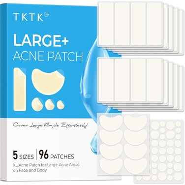 Large Pimple Patches for Face, XL Acne Patches 60 x 20 mm, Big Hydrocolloid Bandages for Body, Forehead, Chin, Neck Zit Breakouts, Hydrocolloid Patch (Strip, Contoured, Dot 5 Sizes 96 Count)