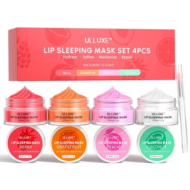 Overnight Lip Mask Set - Lip Care 4 Pack with Vitamin C &amp; Hyaluronic Acid for Nourishing, Hydrating, and Repairing Dry, Flaky Lips   Vegan Lip Sleeping Mask, Lip Butter