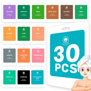 Name Skin Care Korean Cloth Sheet Face Mask Set of 30 - Facial Skin Care Hydrating Hyaluronic Acid Collagen Producing K Beauty Products - Moisturizing Brightening Asian Anti Aging KBeauty Gel FaceMask