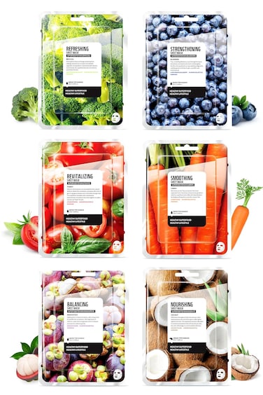 FARMSKIN Superfood Salad Sheet Mask Set of 6   Korean Face Mask Sheets w/Mangosteen, Broccoli, Carrot, Coconut, Blueberry &amp; Tomato   Refreshing, Nourishing &amp; Cruelty-Free Face Mask Skincare Set