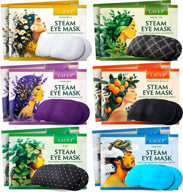 Heated Eye Steam Mask Dry Eyes Self Warm Compress Dark Circles Puffiness Treatment Warming Eye Mask for Relaxation &amp; Moist Heat Therapy Fatigue, Stress, and Migraine 12 Pack 6 Aromas Home Spa Eye Pad