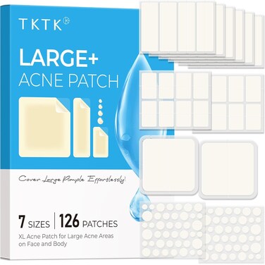 Large Pimple Patches for Face, 7 Sizes XL Acne Patches, Big Hydrocolloid Bandages for Body, Chin, Forehead, Chest, Back Zit Breakouts, Hydrocolloid Patch (Strip, Square, Dot 126 Count)