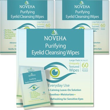 NOVEHA Eyelid &amp; Lash Wipes   lid and lash Cleansing Wipes, Soothing For Sensitive Eyes, (60 Count each (Pack of 3))