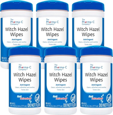 Pharma-C Witch Hazel Wipes [6 canisters] - Daily Toner &amp; Astringent Cleansing Cloths for Face