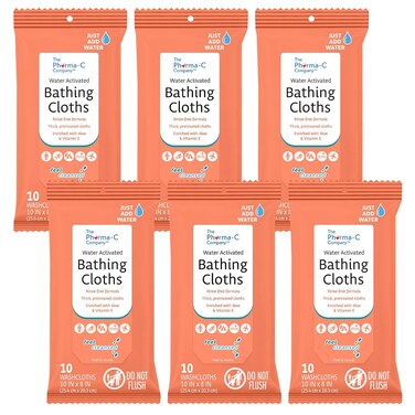 The Pharma-C Company Water-Activated Bathing Cloths [6 Packs of 10 cloths] &ndash; Rinse-Free XL Body Wipes for Adults. Pretreated Disposable Bath Wipe for Elderly, Hospice, Camping.