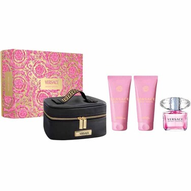Versace Bright Crystal 4-Piece Set for Women, (3.0 Oz Eau De Toilette Spray + 3.4 Oz Body Lotion + 3.4 Oz Shower Gel + Bag)
