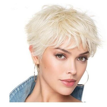 Short Blonde Wig for Women Short Pixie Cut Platinum Blonde Hair Wig with Bangs Costume Halloween Cosplay Party Synthetic Wig