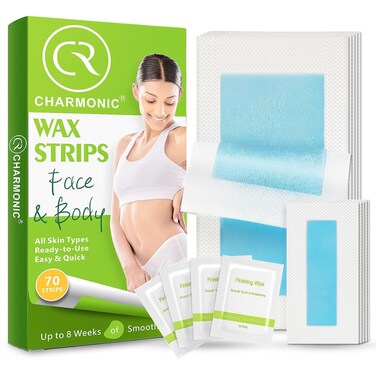 70 Wax Strips Kit for At-Home Hair Removal: Body, Face, Eyebrows, Bikini, Legs - 2 Sizes, 70 Strips + 4 Wipes