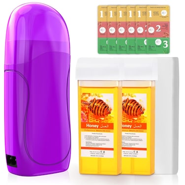Roll On Wax Kit, Depilatory Roll On Wax Warmer for Hair Removal with Honey and Rose Wax Cartridge Refill 6Pcs Pre and Post Wax Care Wipes and 100Pcs Wax Strips