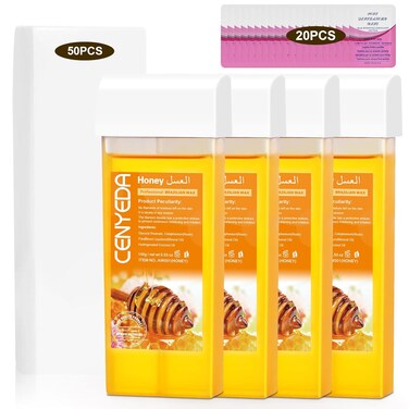 Roll On Wax Kit - Hair Removal Cartridges, 4 Pack Honey Wax Rollers with 50 Strips and 20 After-Wax Treatment Wipes