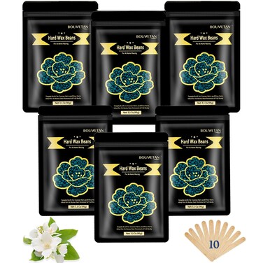 Hard Wax Beads, Bouvetan 1.3Lb/21oz Wax Beads for Brazilian Waxing, Hard Wax Beans for Eyebrow, Face, Bikini for Women Men Hair Removal with 10pcs Wax Spatulas, 6 Packs (Jasmine)