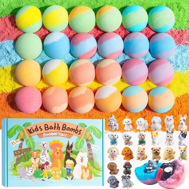 24 Pack Puppy Bath Bombs for Kids - Each with Surprise Puppy Figurine Inside, 12 Unique Scents